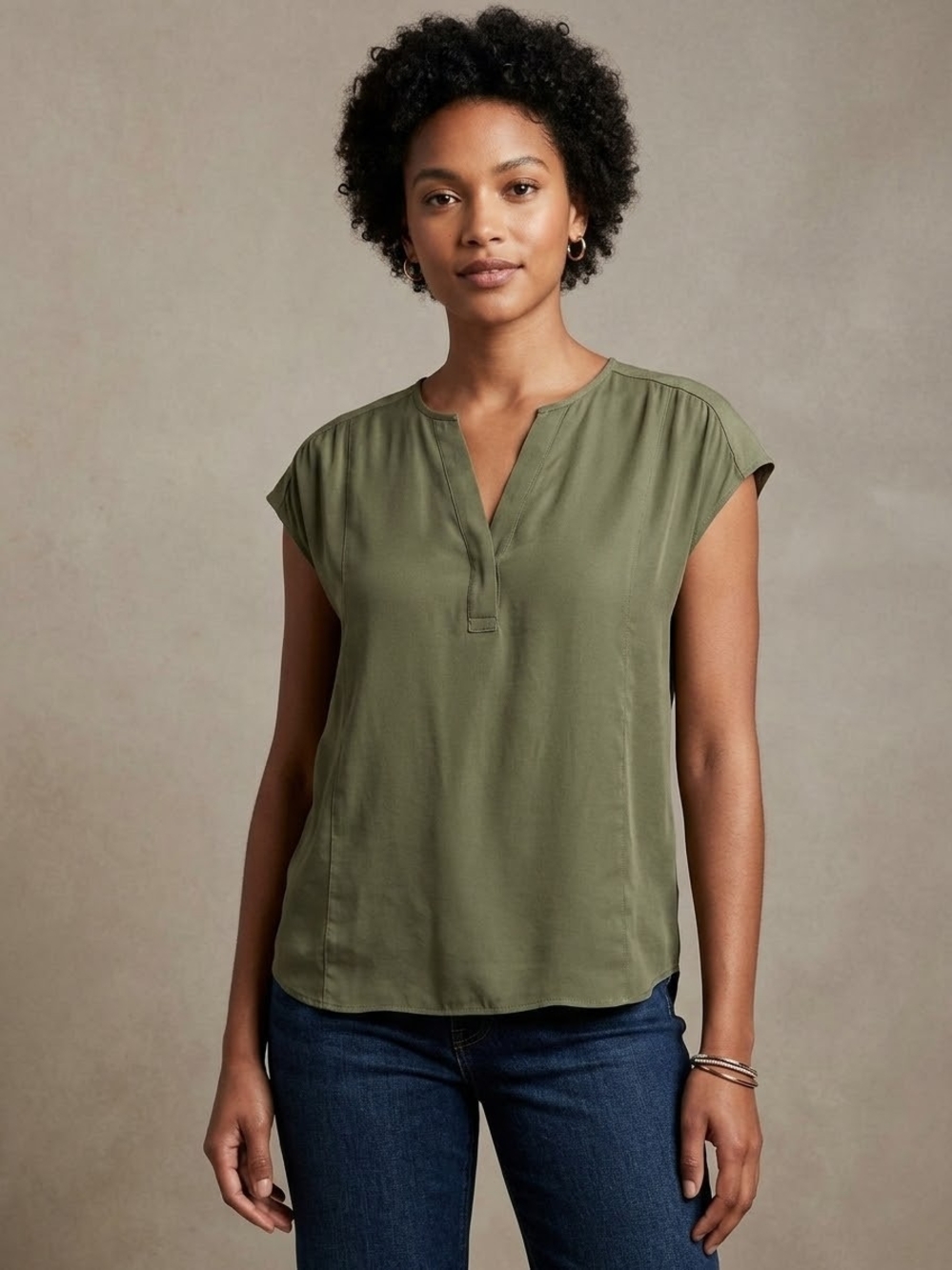 Banana Republic Olive Green Cap Sleeve V-Neck Top